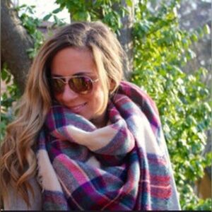 Plaid Fringe Blanket Scarf in Pink and Cream, Like New